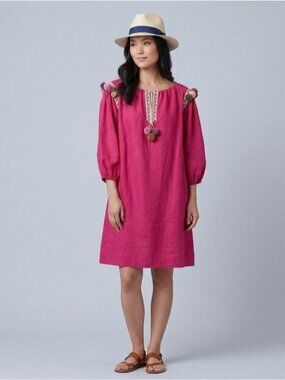 Handmade Pink Raw Silk Ethnic Boho Pom Pom Tunic Dress - Medium, 100% Silk!